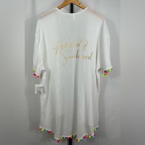 David's Bridal White Swim Coverup with Multicolor Pom Poms